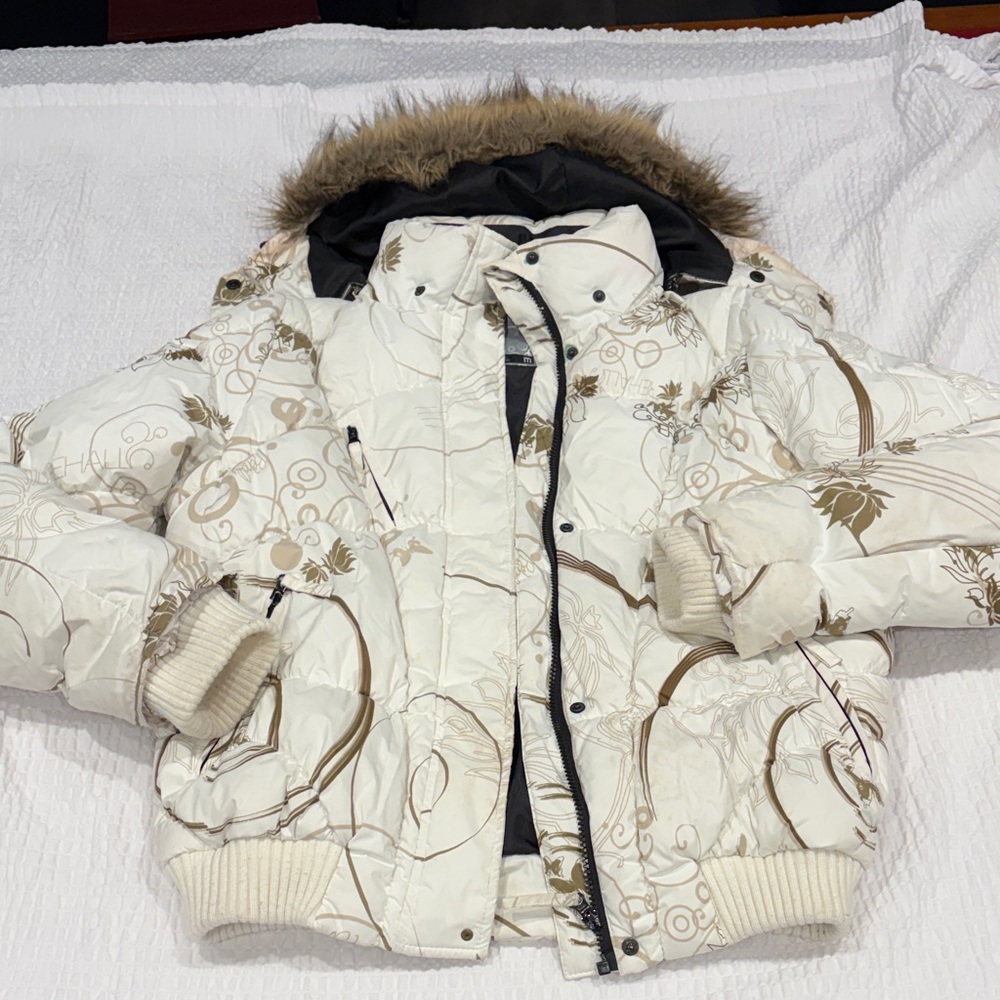 Rehall Woman’s  Floral Patterned Puffer Jacket with Faux Fur Hood
